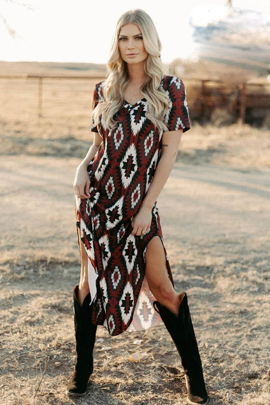 CASUAL V-NECK PULLOVER SHORT SLEEVE LONG DRESS