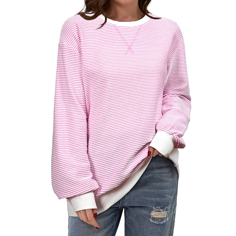 CASUAL COMMUTING LADY STRIPED CREW NECK HOODIE