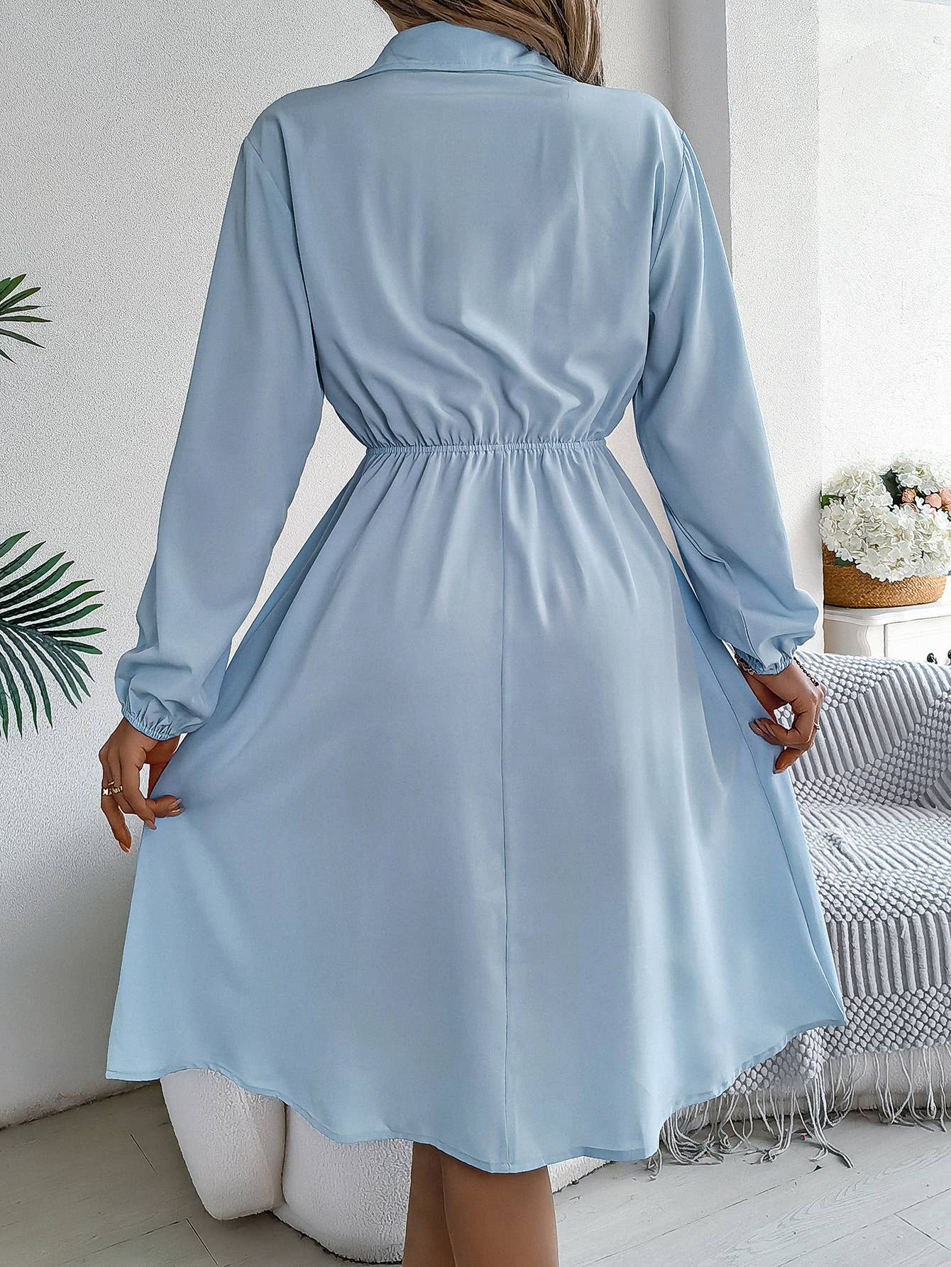 CASUAL BUTTON-UP WAIST LONG SLEEVE SHIRT DRESS