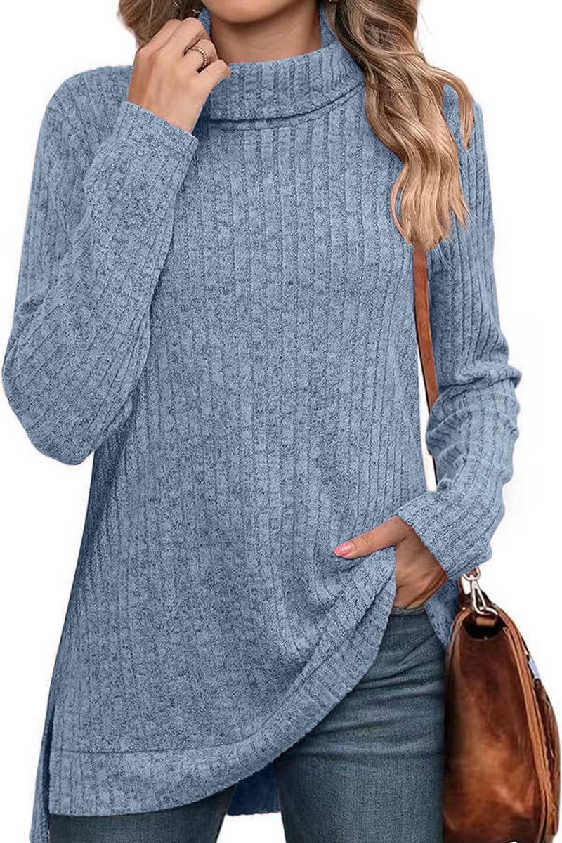 CWTBLL3684_AUTUMN AND WINTER SOLID COLOR HIGH COLLAR LOOSE T