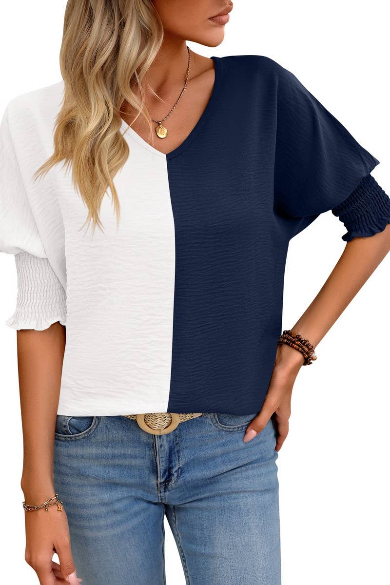 CWTBLS1501_COLORBLOCKED COLLAR LOOSE-FITTING BAT-SLEEVE TOP
