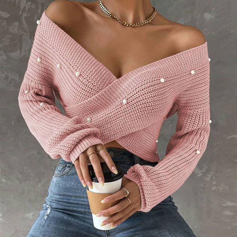 Beaded one-shoulder slimming knitted sweater