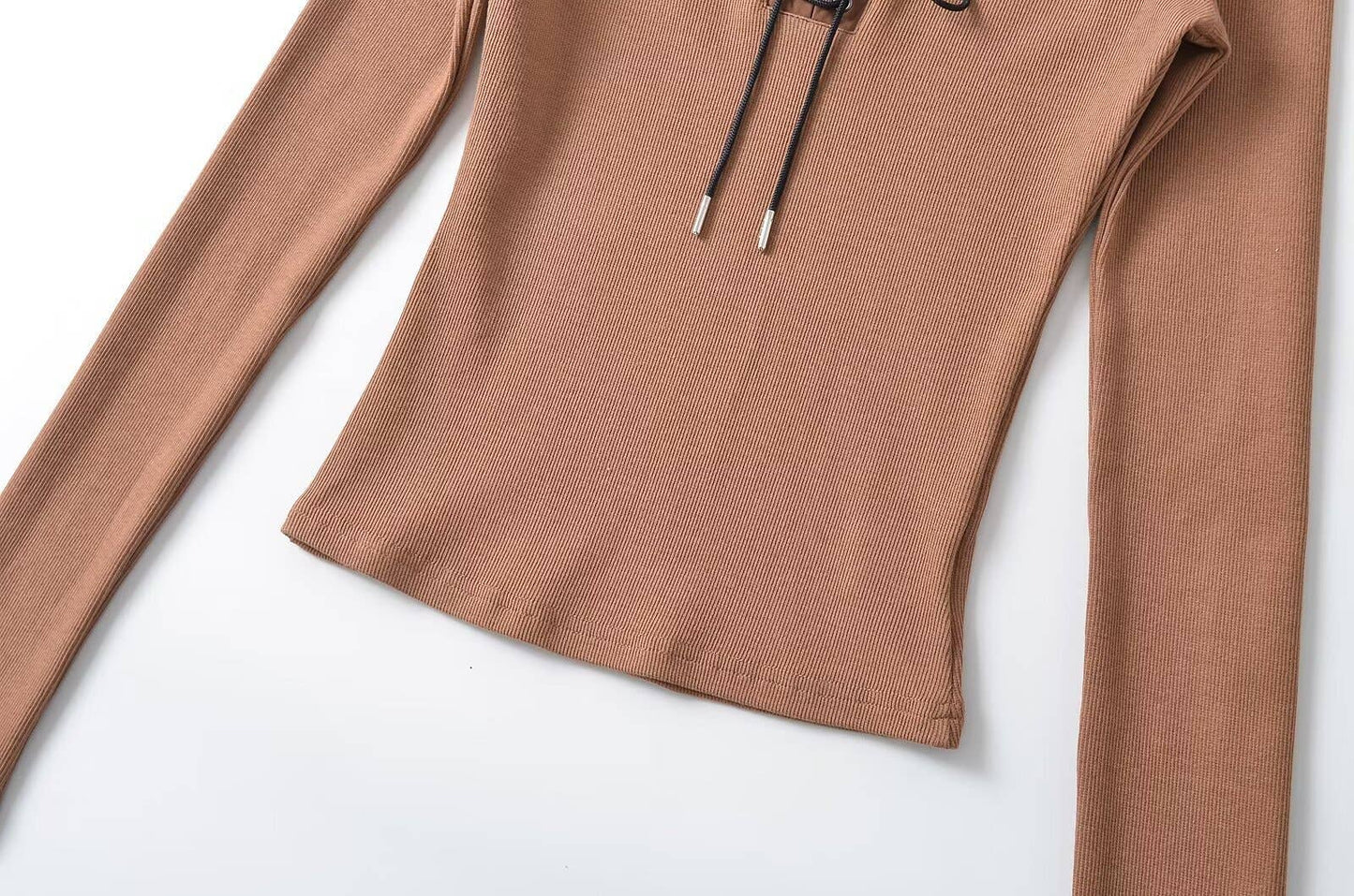 Elastic long-sleeved V-neck lace-up slim T-shirt