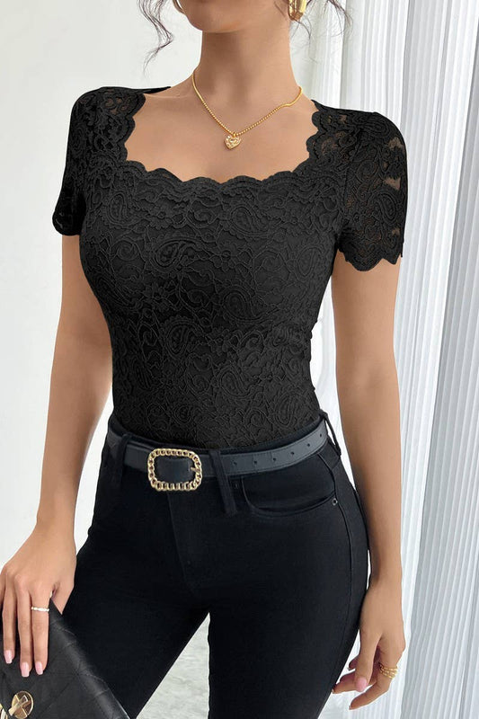 CWTBLS2122_SOLID LACE SLIM FIT SQUARE NECK SHORT SLEEVE TOP
