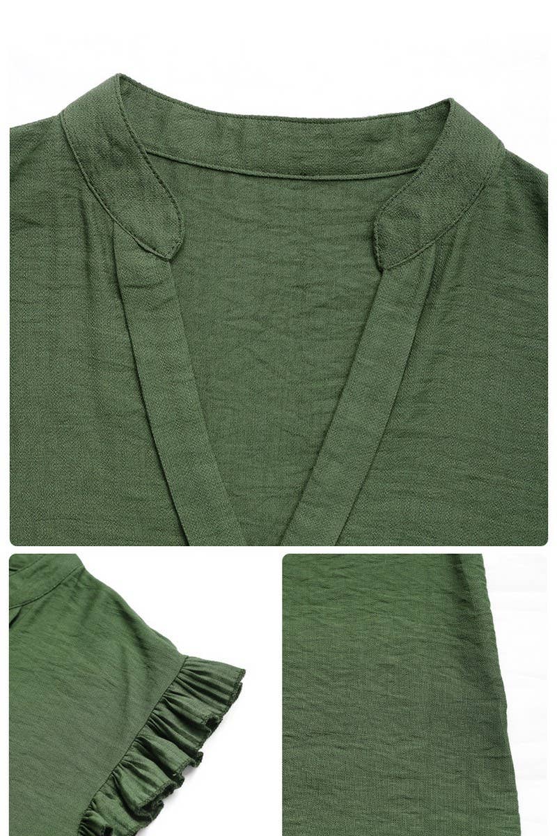 CWTBLS1850_SOLID COLOR CASUAL V-NECK FLOWY SLEEVE TOP