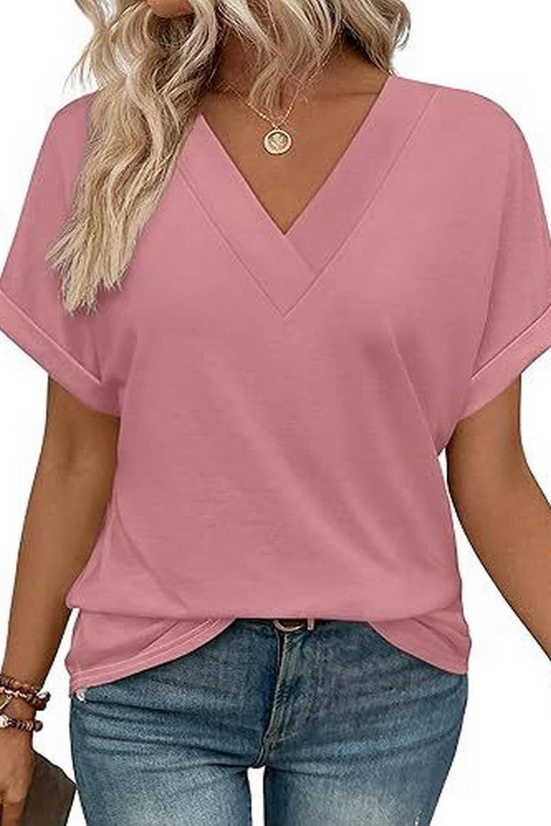 CWTBLS2191_SOLID V-NECK LOOSE BATWING SLEEVE CROP TEE