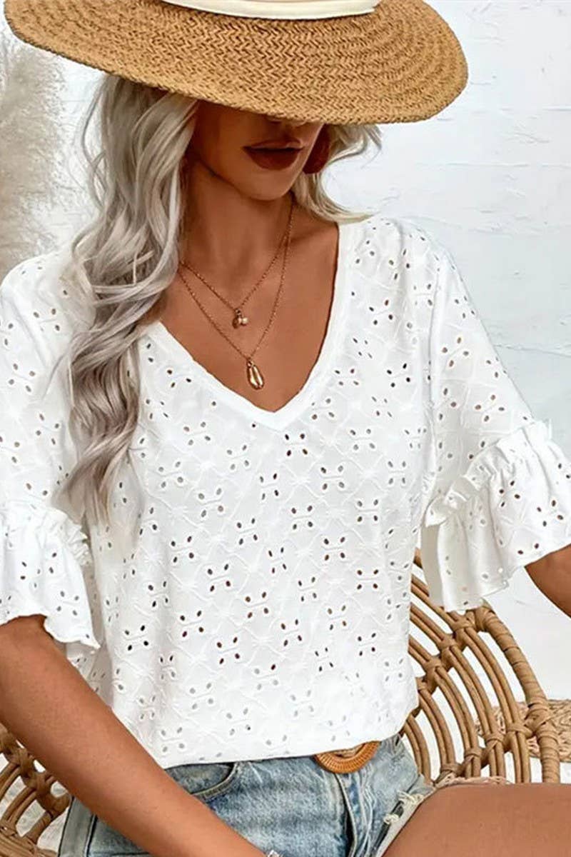 CWTTS1394_V-NECK HOLLOW RUFFLE SHORT-SLEEVED T-SHIRT