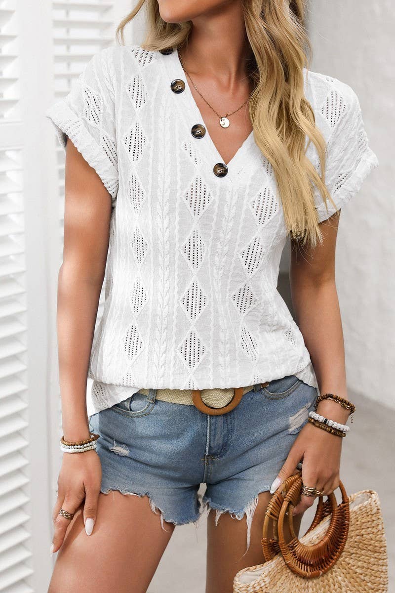CWTBLS1618_SOLID COLOR V-NECK SHORT SLEEVE BUTTON TOP