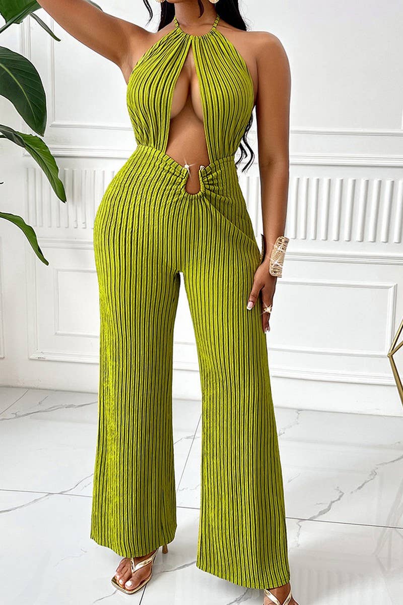 CWSJS1341_SEXY STRIPED HALTERNECK HOLLOW WAIST JUMPSUIT
