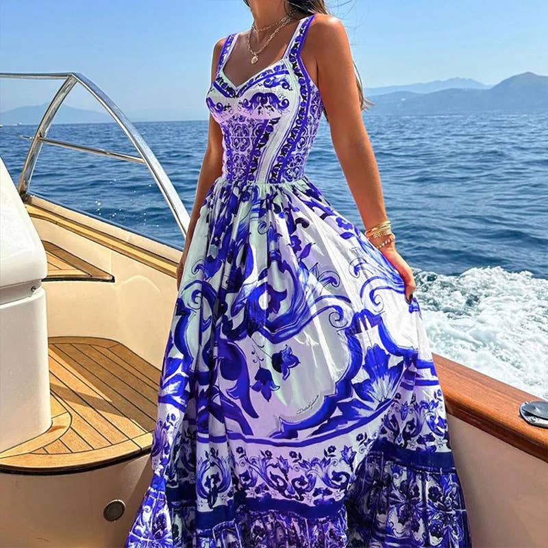 BOHEMIAN STYLE ELEGANT LONG PRINT HALTER DRESS