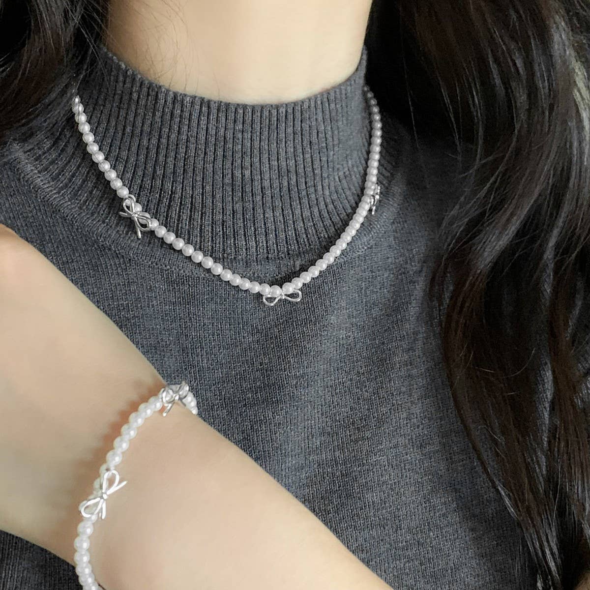HIGH-END RETRO PEARL BOW NECKLACE BRACELET SET