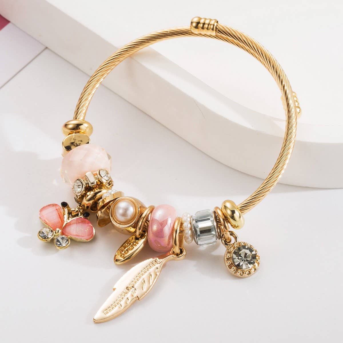 Beaded Steel Bracelet with Leaf & Butterfly_CWMM8618