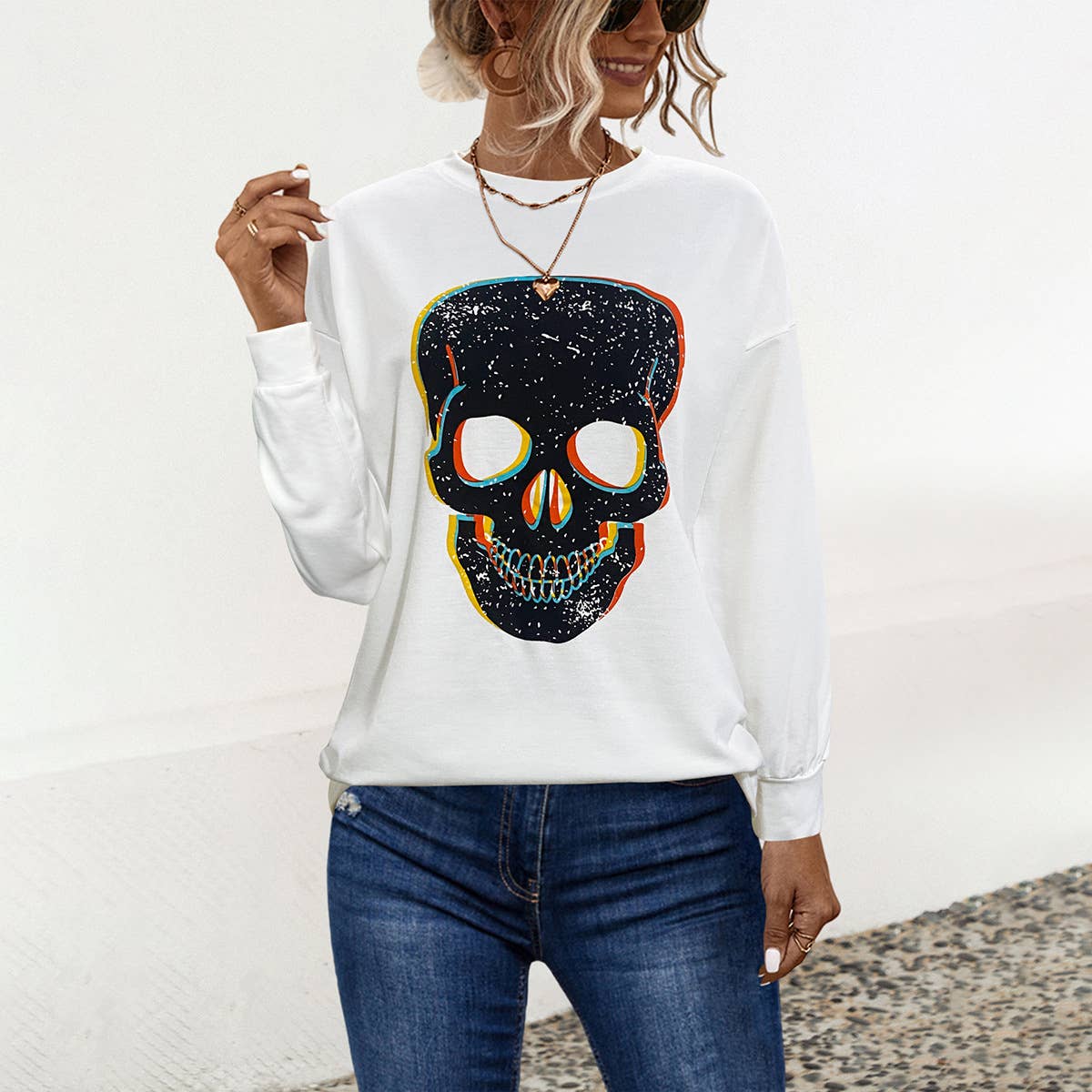 CREW-NECK LIP PRINT LONG-SLEEVED BAGGY HOODIE