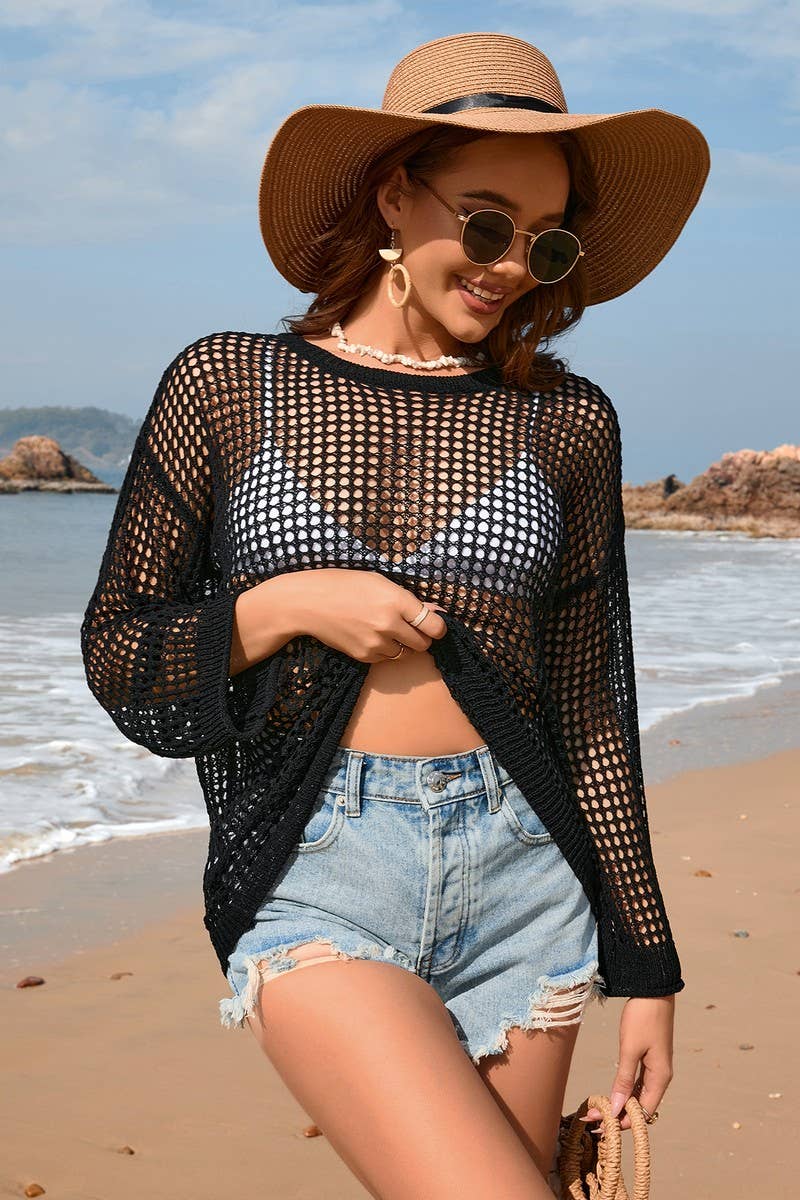 CWOSWL2078_Round Neck Long Sleeve Bikini Cover Ups