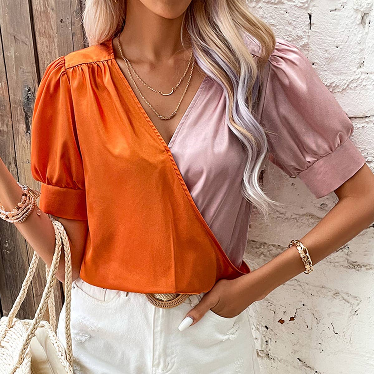 COLOR CONTRAST PATCHWORK FRENCH STYLE SHIRT