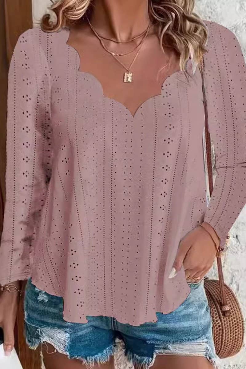 CWTBLL2869_SOLID COLOR WAVE NECK BREATHABLE LONG SLEEVE TOP