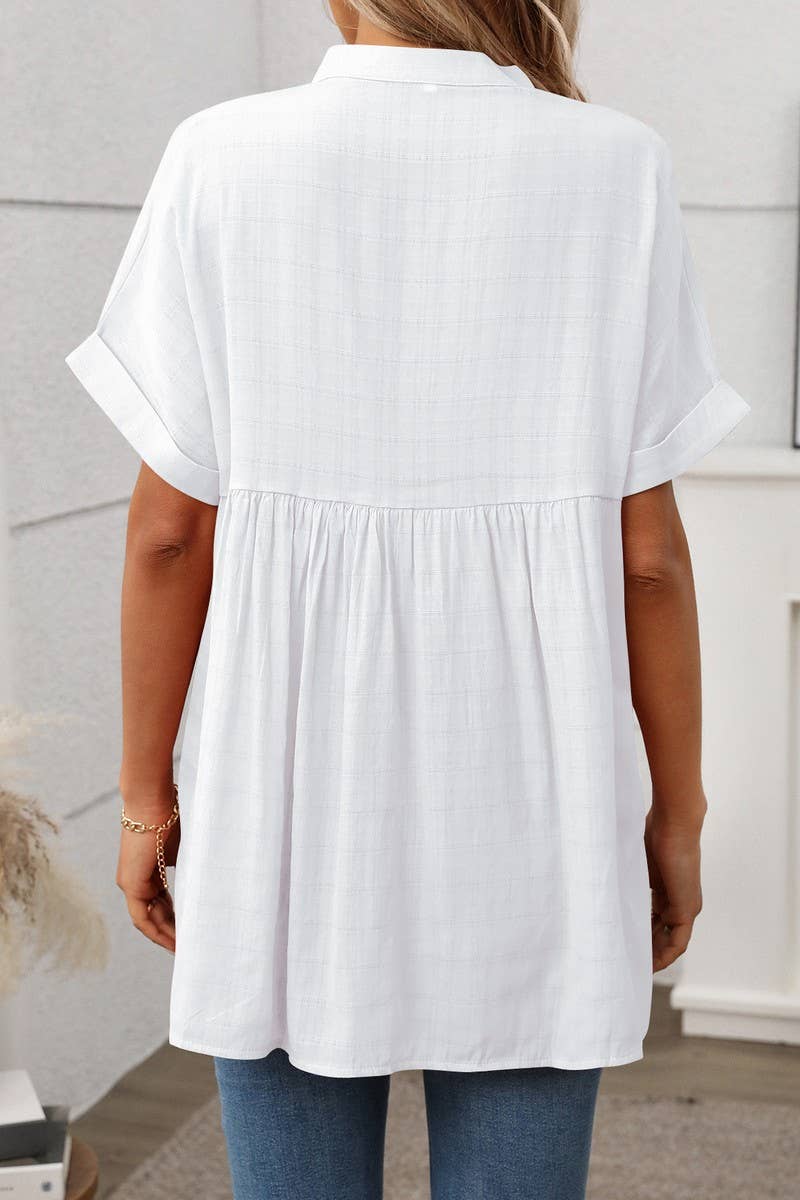 CWTBLS1720_V-NECK STRIPED LOOSE CHECK SHORT-SLEEVED SHIRT