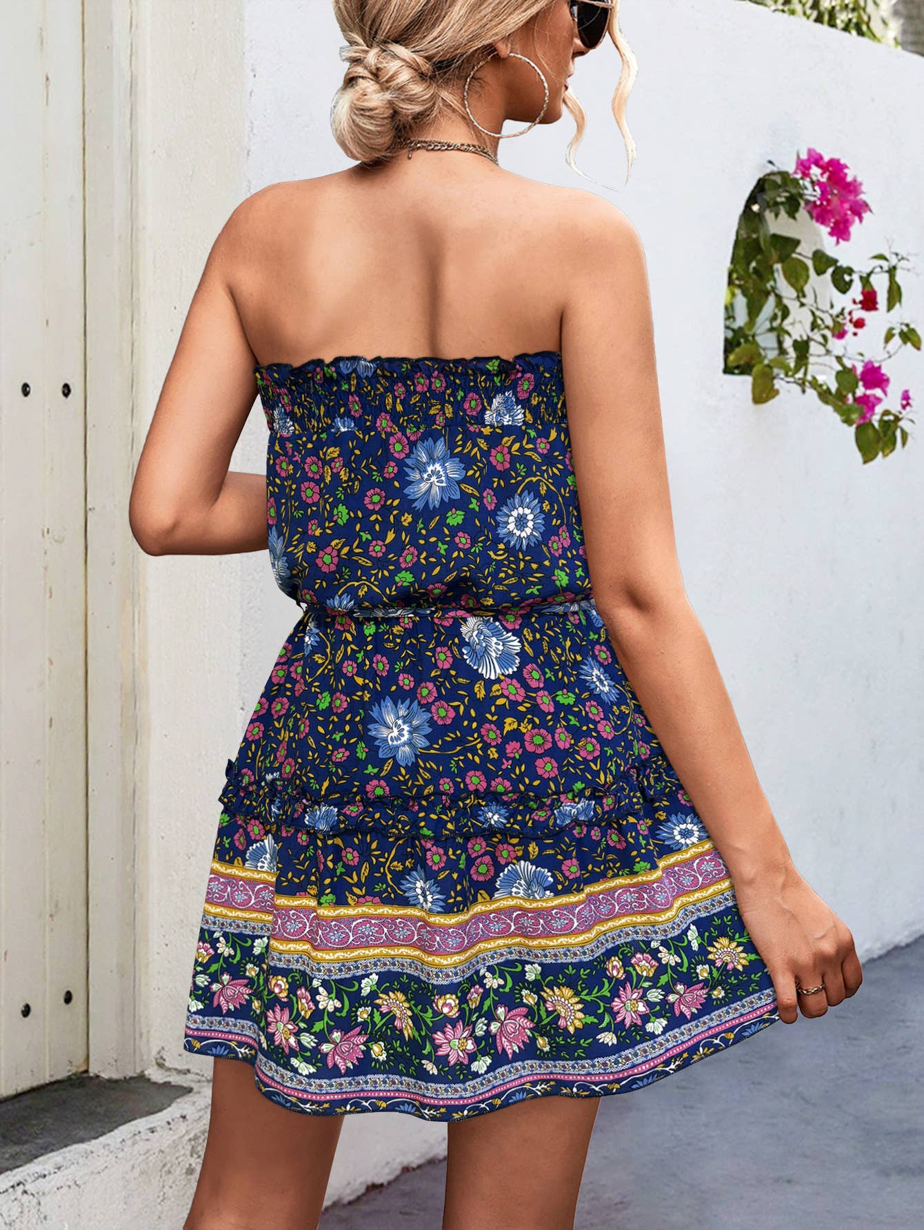 Bohemian print strapless cinched waist dress