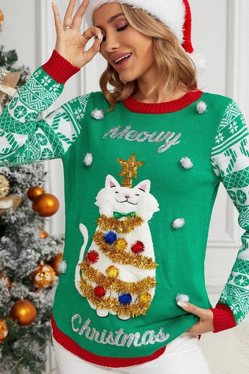 CWOSWL2484_JACQUARD EMBROIDERY PULLOVER CHRISTMAS SWEATER