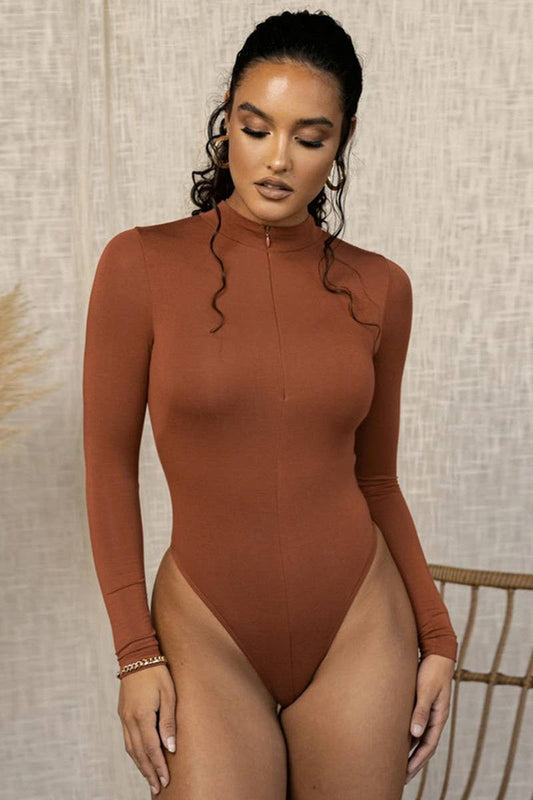 CWSBSL0151_SOLID COLOR PLUSH LONG SLEEVE ZIPPER BODYSUIT
