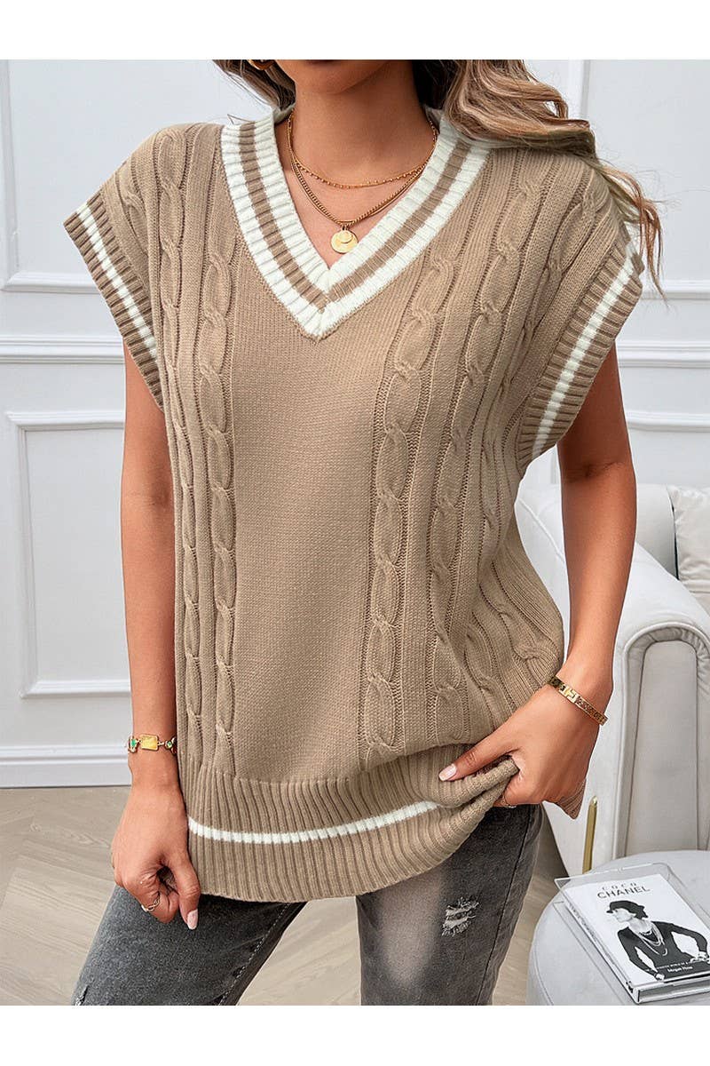 CWOV0435_Casual V-Neck Color Matching Knit Sweater Vest