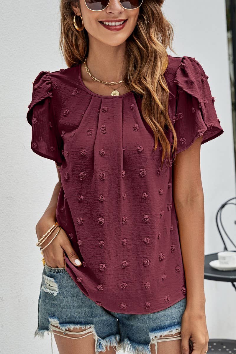 CWTBLS0342_Round neck Short Puff Sleeve Blouse