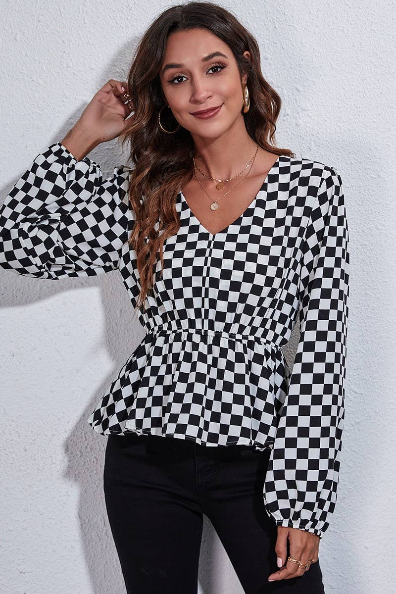 CWTBLL0707_V-Neck Long Sleeve Print Blouse