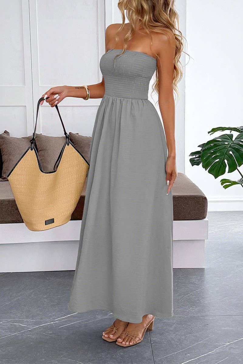 CWDTD00504_SOLID COLOR STRAPLESS WAIST TIE MAXI DRESS