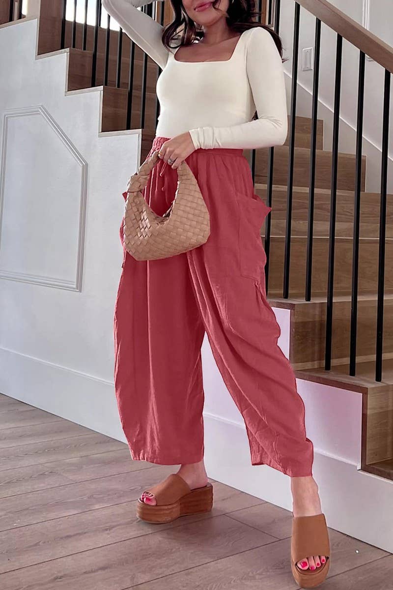CWBLP1853_ELASTIC WAIST PLEATED HIGH WAIST WIDE LEG PANTS