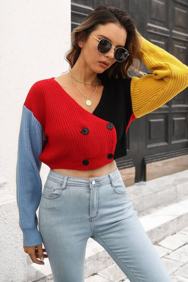 CWOCAL1183_DOUBLE-BREASTED CONTRAST-COLOR KNITTED CARDIGAN