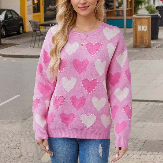 Beaded heart peach round neck pullover sweater