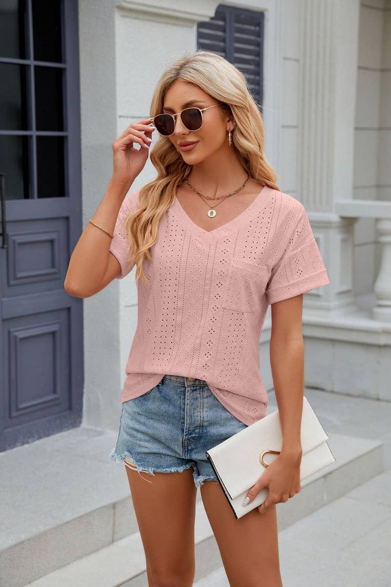 CWTTS0827_V-Neck Short Sleeve Knit Top
