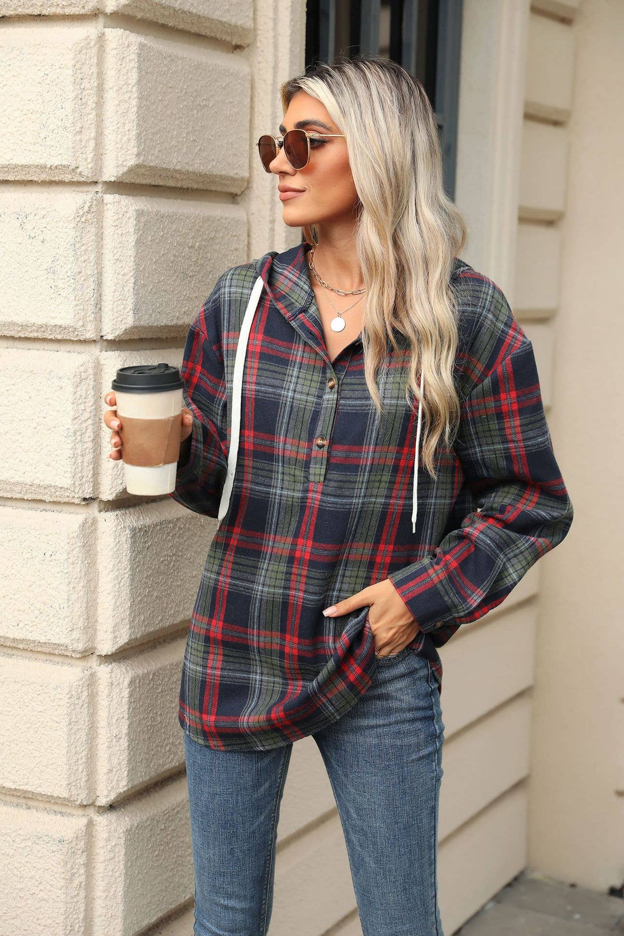 Checked hooded loose long-sleeved sweatshirt