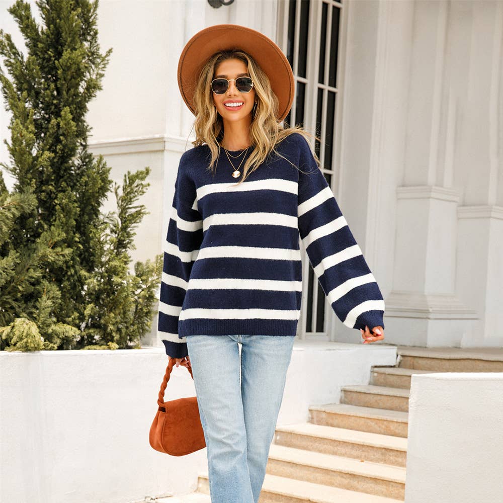 CREW NECK SLIM LOOSE STRIPED PULLOVER SWEATER