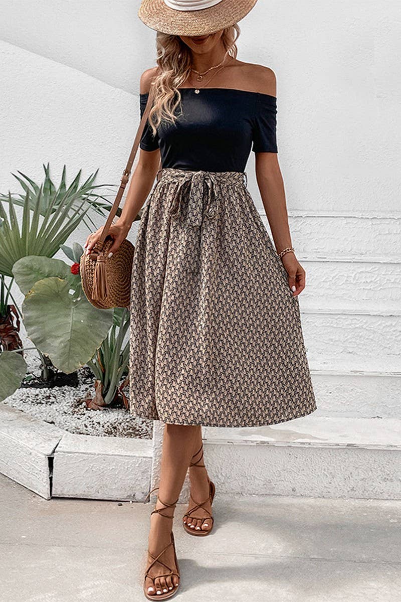 CWDSD2759_OFF-SHOULDER PATCHWORK PRINTED BELTED MAXI DRESS