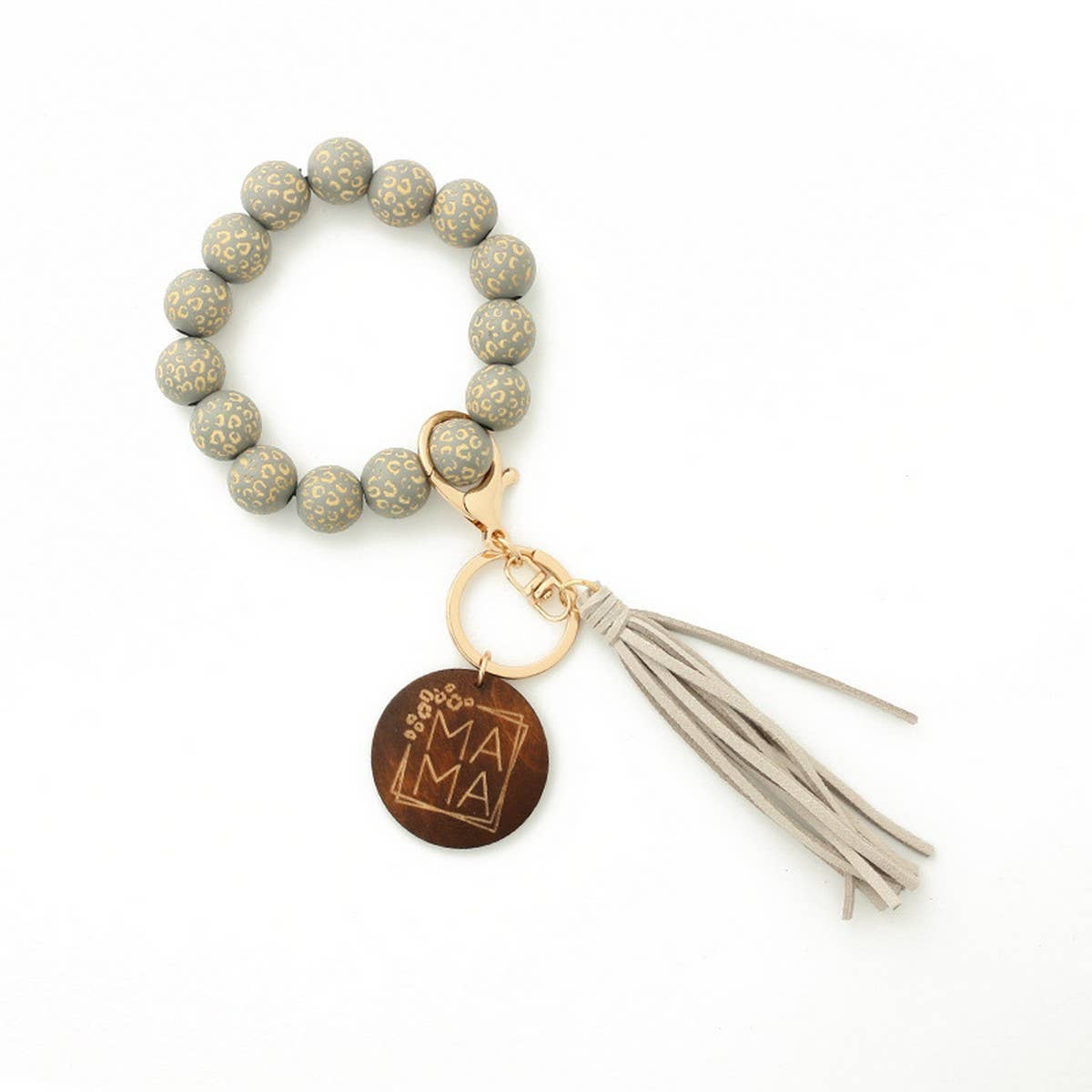 LEOPARD PATTERN WOODEN BEAD BRACELET KEYCHAIN