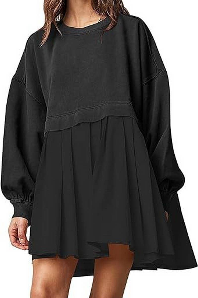 CWDSD10615_FAKE TWO-PIECE COLORBLOCK LOOSE PLEATED DRESS