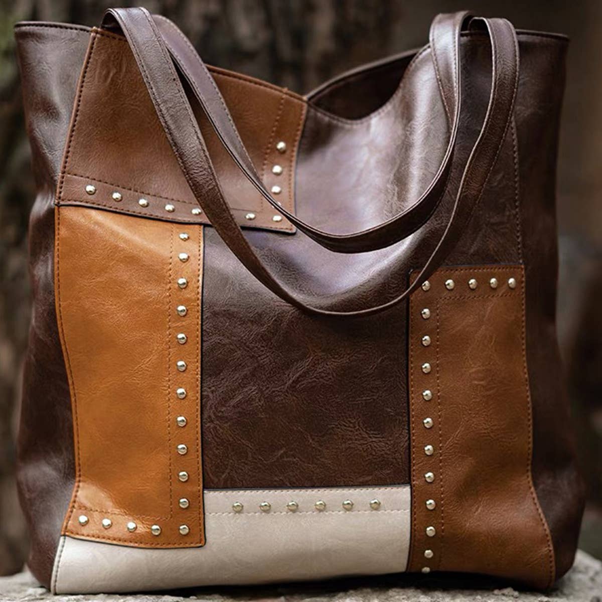 WOMEN RIVET CONTRAST SPLICING ONE SHOULDER HANDBAG_CWAB0564