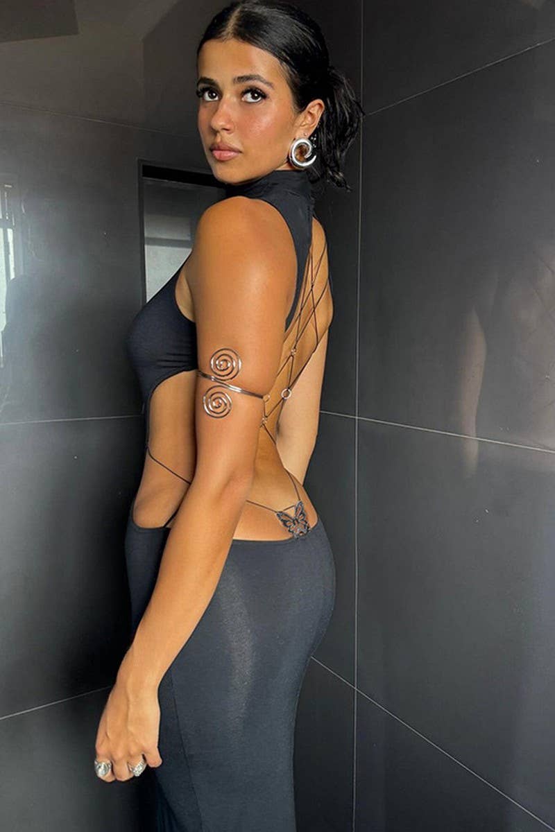 CWDMD4229_SOLID COLOR BACKLESS BOW SLIM FIT HOT GIRL DRESS