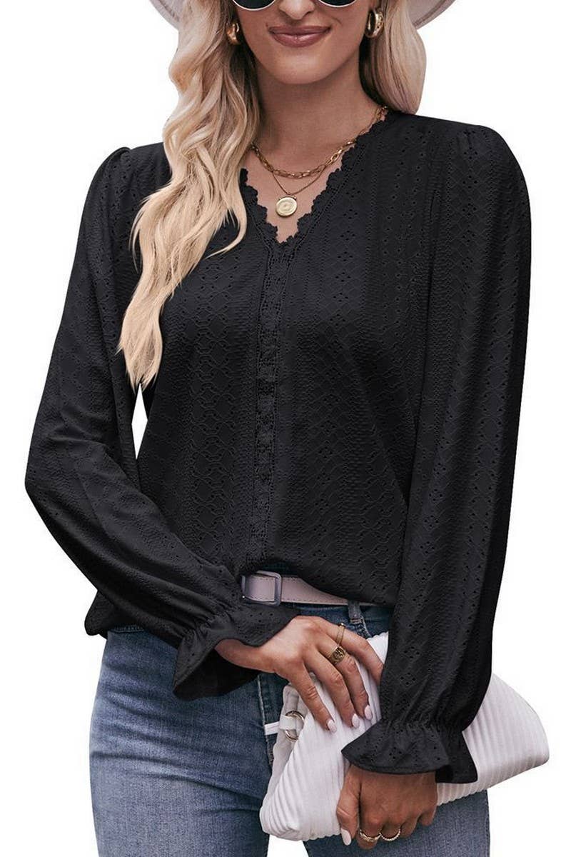 CWTBLL3761_SOLID COLOR RIPPED LACE V-NECK LONG-SLEEVED T-SHI