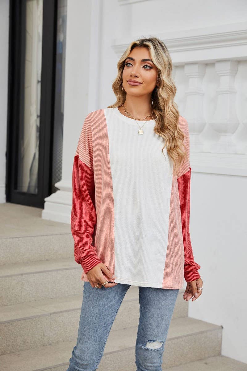 CWTBLL2358_ROUND NECK LOOSE STITCHING LONG SLEEVE TOP