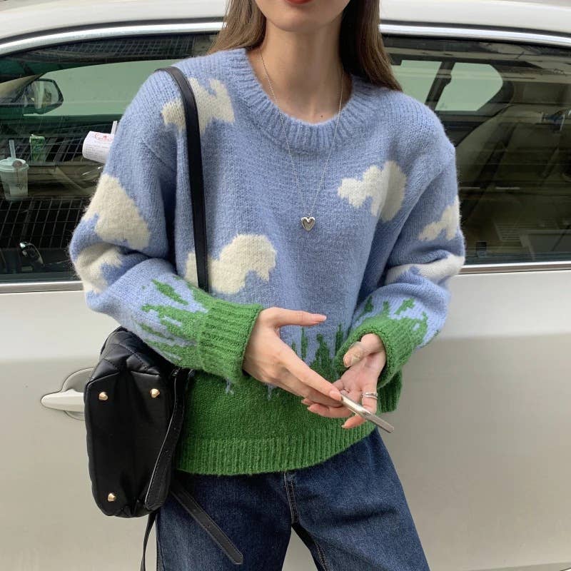 BLUE SKY WHITE CLOUD JACQUARD CREW NECK SWEATER