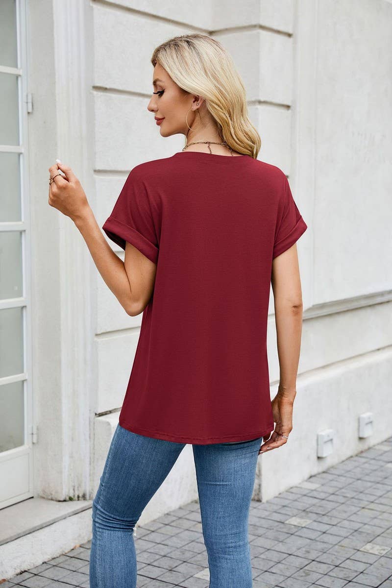 CWTBLS1728_SOLID COLOR ROUND NECK T-SHIRT SHORT SLEEVE TOP