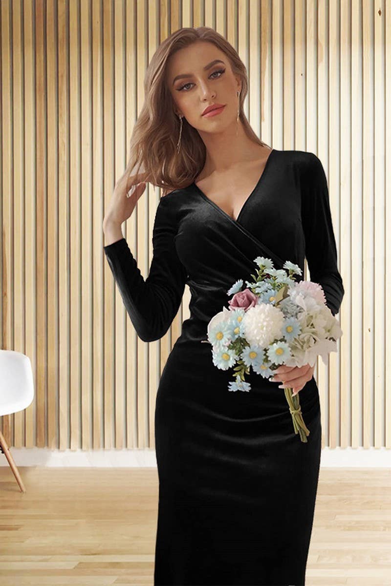 CWDMD3469_V-NECK PLEATED HIP-WRAPPED FISHTAIL EVENING DRESS