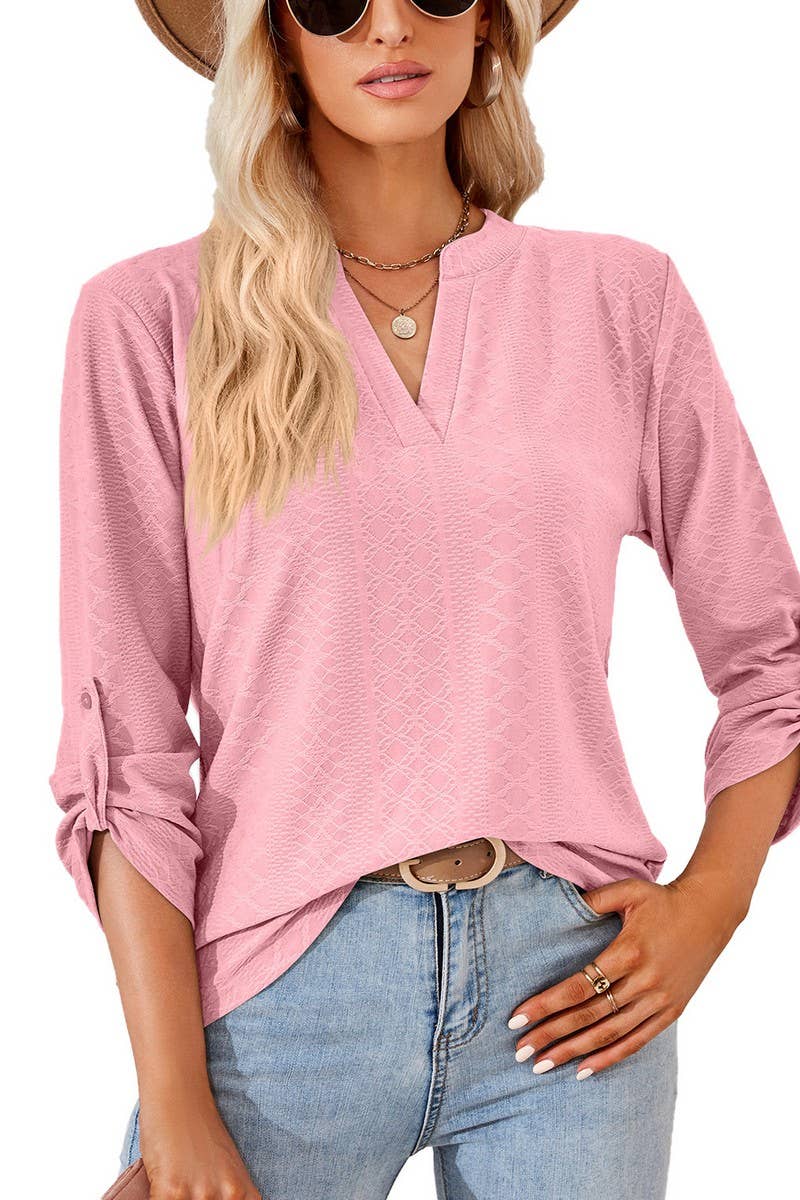 CWTBLL2375_SOLID COLOR V-NECK THREE-QUARTER SLEEVE TOP