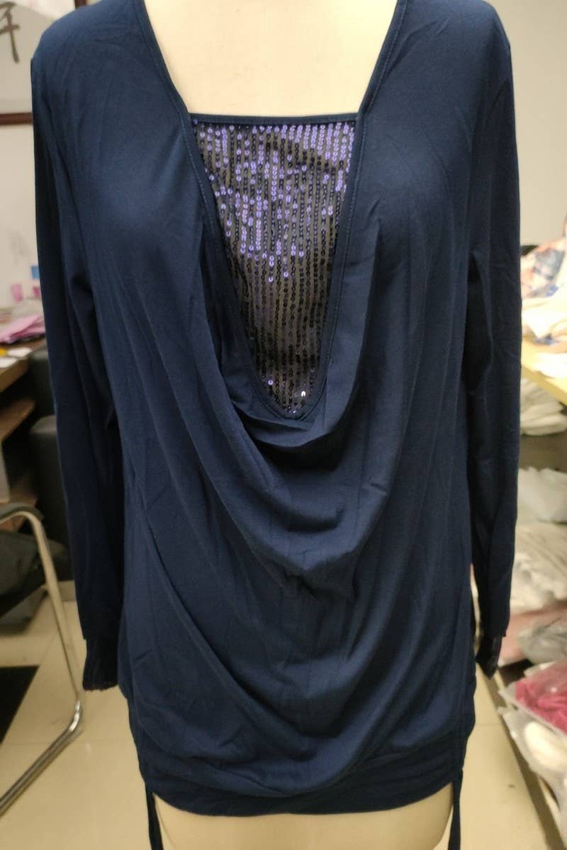 CWTBLL2791_U-NECK SOLID COLOR SEQUINED LONG-SLEEVED TOP