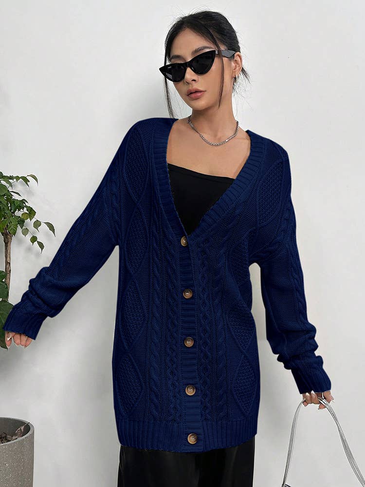 CASUAL LOOSE V-NECK MID-LENGTH KNIT CARDIGAN