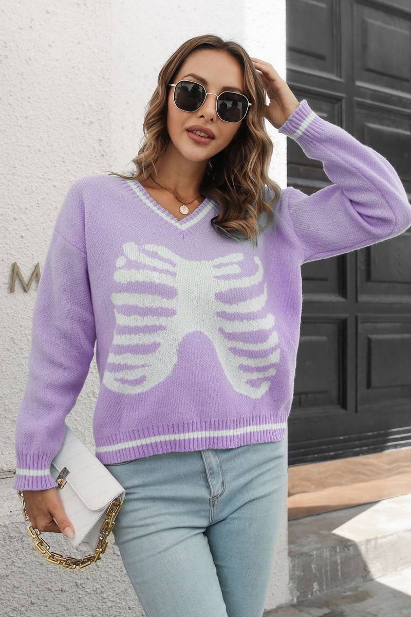 CWOSWL3896_SKULL JACQUARD V-NECK LONG SLEEVE KNITTED SWEATER