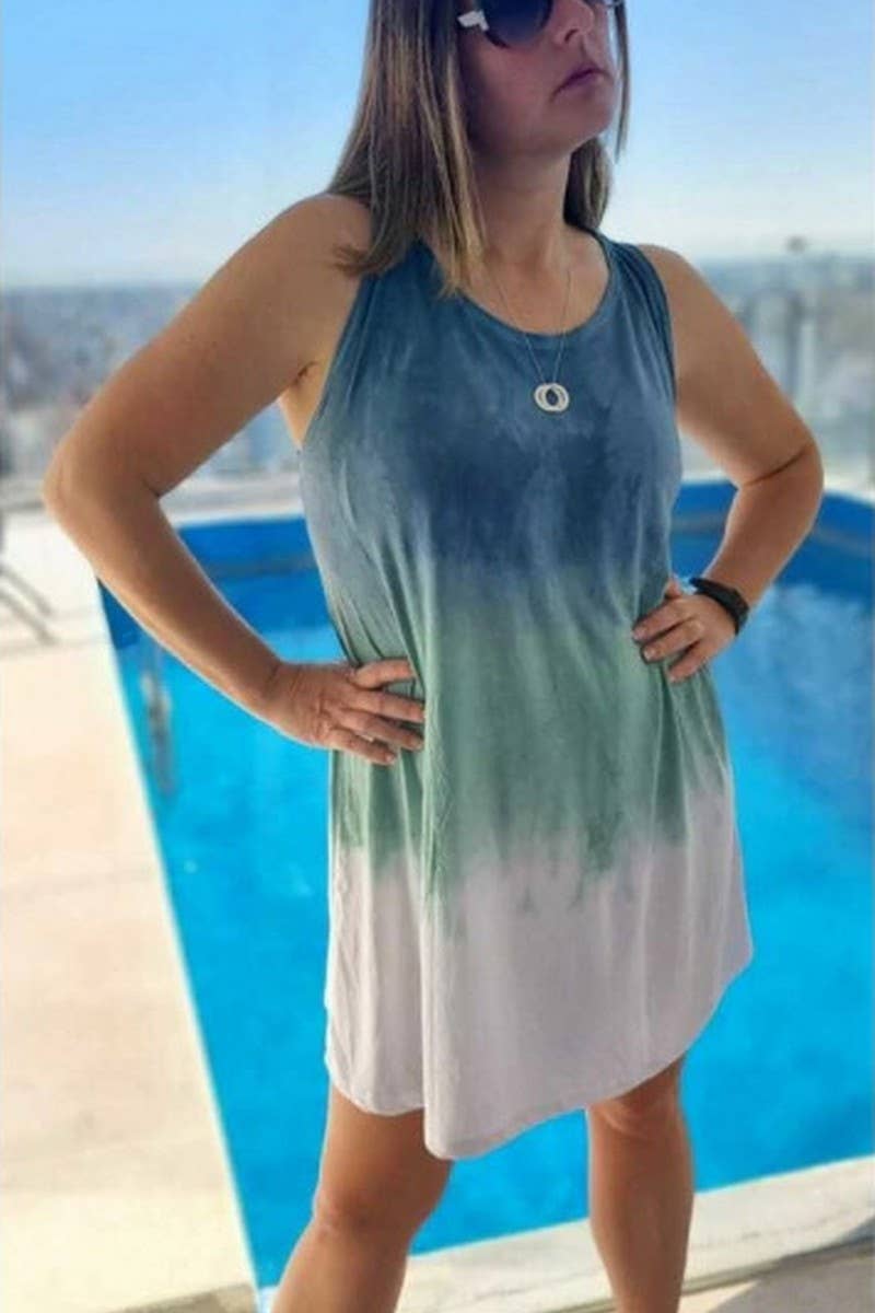 CWDSD8851_FASHION TIE-DYE SLEEVELESS SIMPLE HOLIDAY DRESS