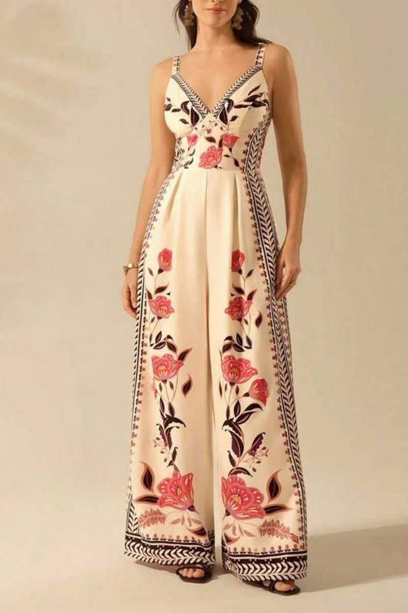 CWSJS1705_V-NECK TRENDY FLORAL CAMI WIDE LEG JUMPSUIT